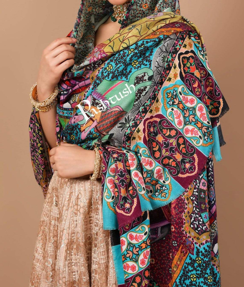 Pashtush India 100x200 Pashtush Womens, Pure Wool, Printed Mughal Darbar Shawl, Woolmark Certified.