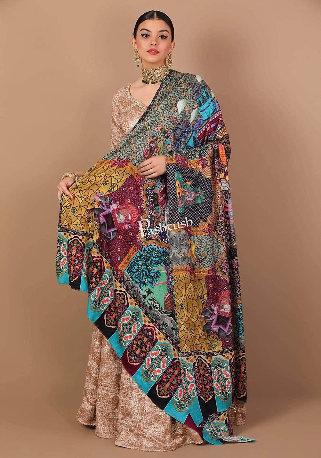Pashtush India 100x200 Pashtush Womens, Pure Wool, Printed Mughal Darbar Shawl, Woolmark Certified.