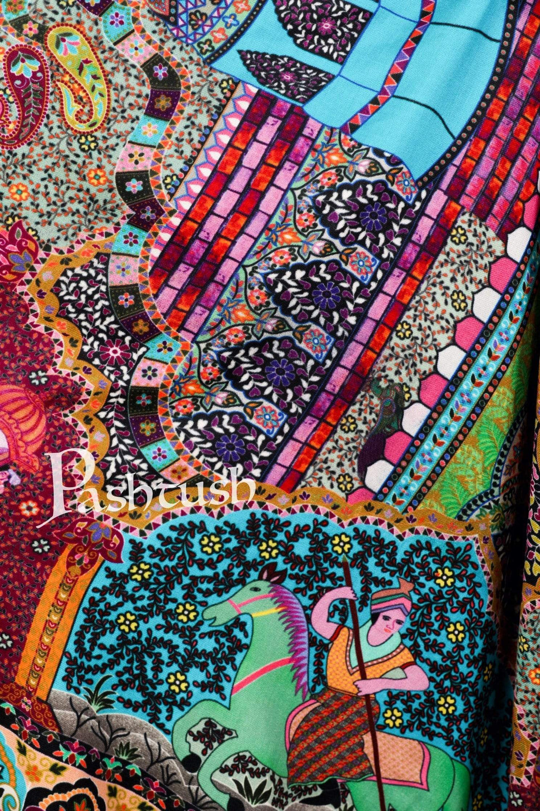 Pashtush India 100x200 Pashtush Womens, Pure Wool, Printed Mughal Darbar Shawl, Woolmark Certified.