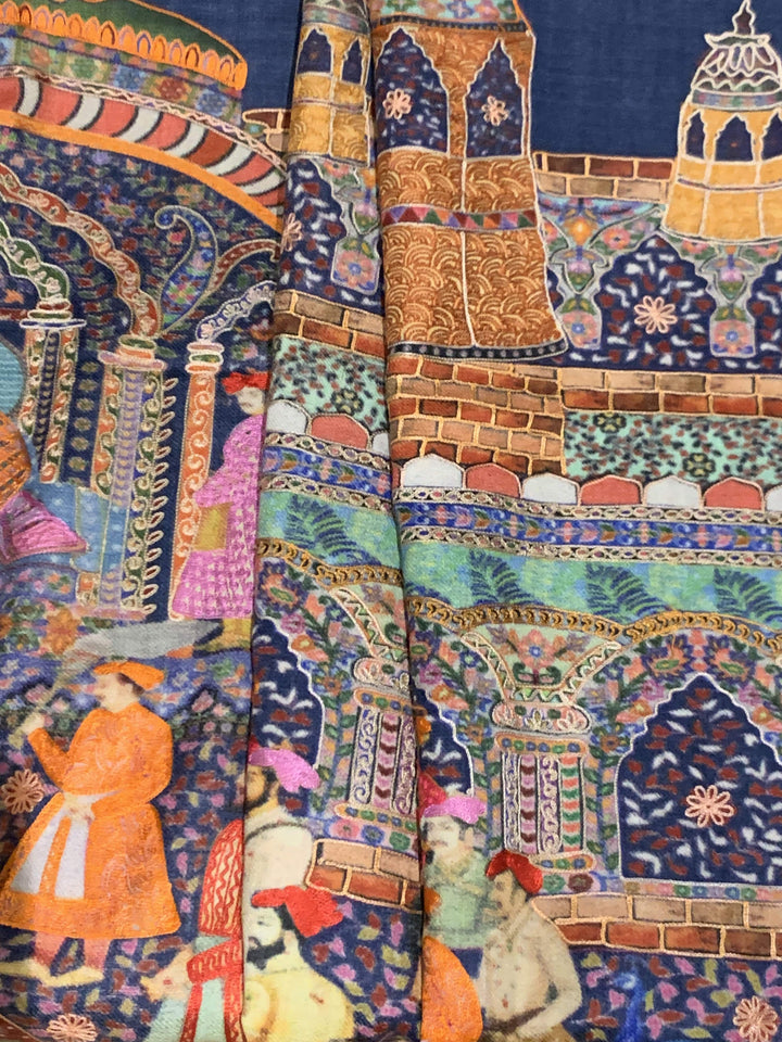 Pashtush India 100x200 Pashtush Womens, Pure Wool, Printed Mughal Darbar Shawl, Woolmark Certified, navy blue