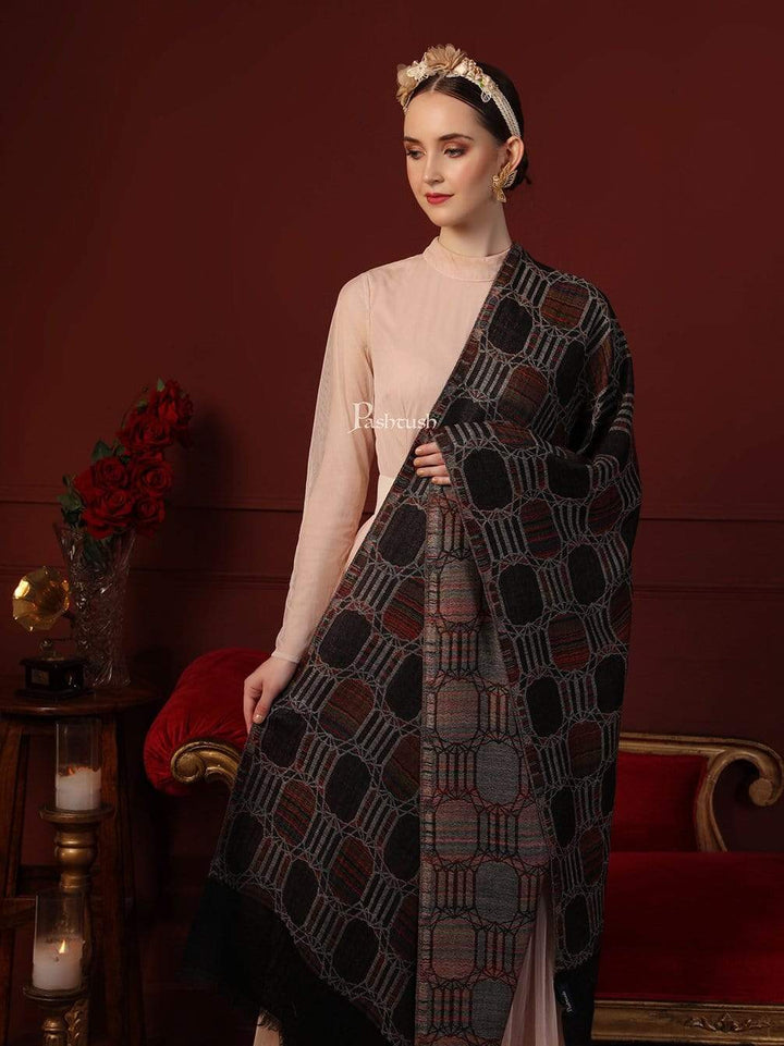 Pashtush India 70x200 Pashtush Womens Reversible Stole, 100% Pure Wool With Woolmark Certification Black