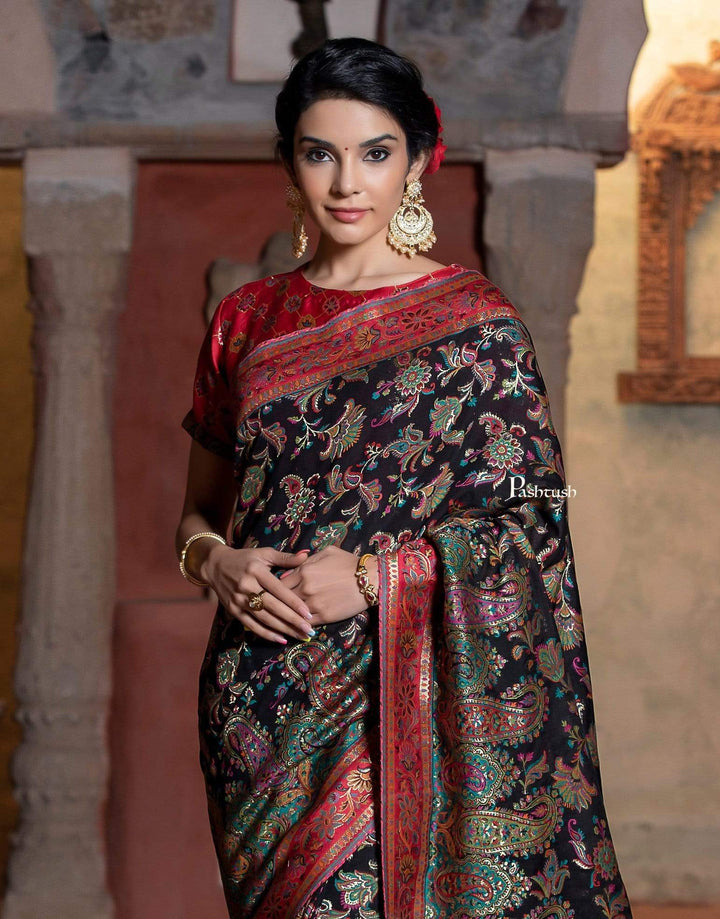 Pashtush Shawl Store 5.80 m x 1 m Pashtush Womens Saree, Kaani Weave, Deep Black, Extra Fine Silk