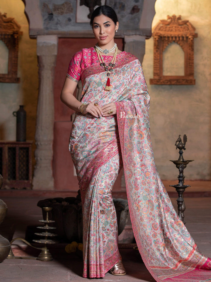 Pashtush Shawl Store 5.80 m x 1 m Pashtush Womens Saree, Kaani Weave, Extra Fine Silk, Pastel Blooms