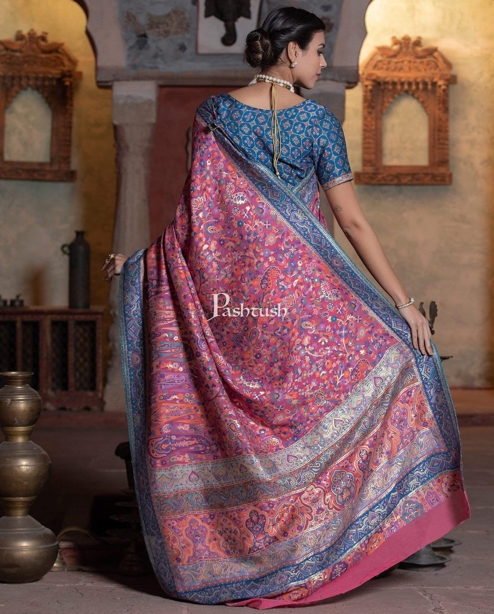 Pashtush Shawl Store 5.80 m x 1 m Pashtush Womens Saree, Kaani Weave, Extra Fine Silk, Ultra Light Weight, Multicoloured Sari