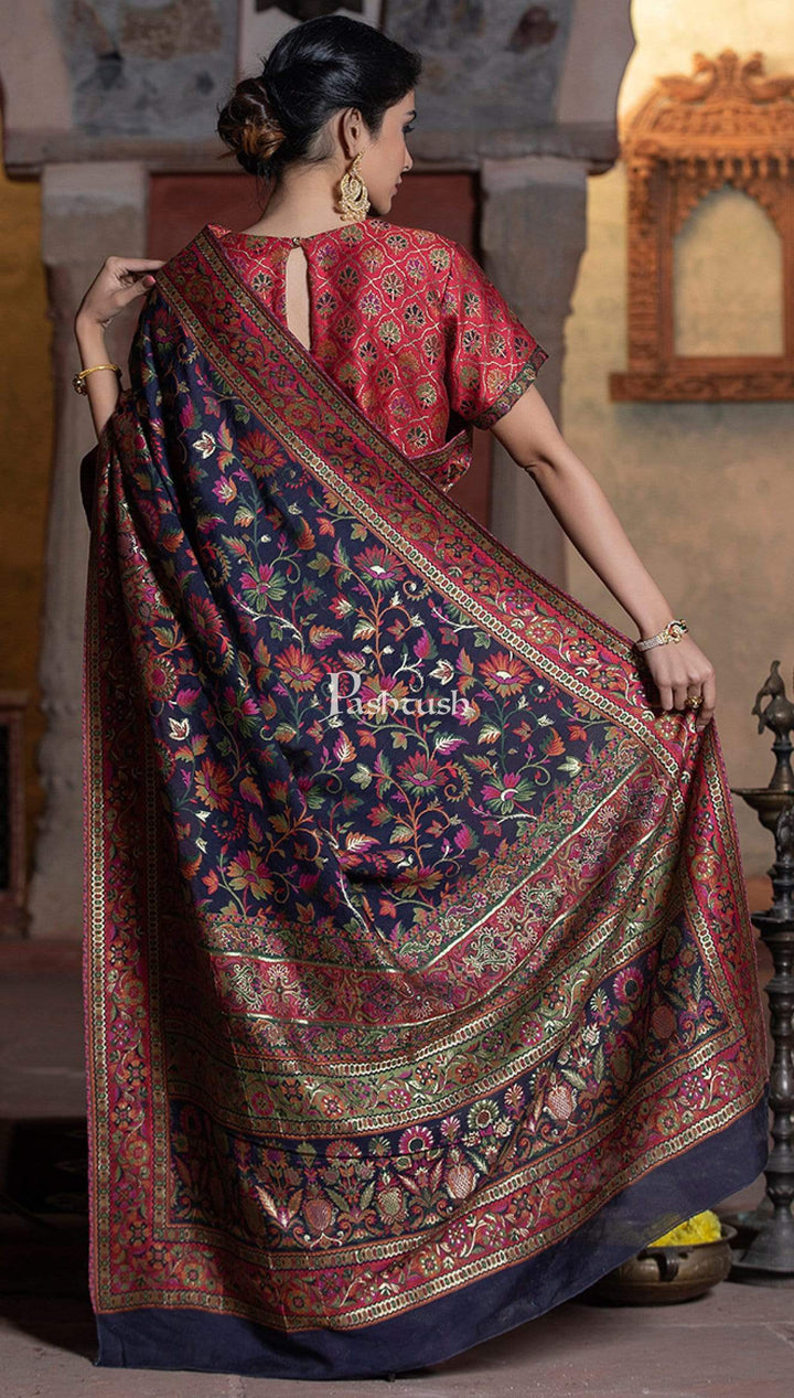 Pashtush Shawl Store 5.80 m x 1 m Pashtush Womens Saree, Kaani Weave, Extra Fine Silk, Ultra Light Weight, Multicoloured Sari