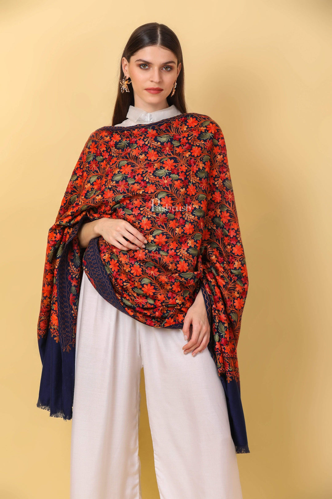 Pashtush India 100x200 Pashtush Womens Shawl, Aari Embroidery, Navy Blue