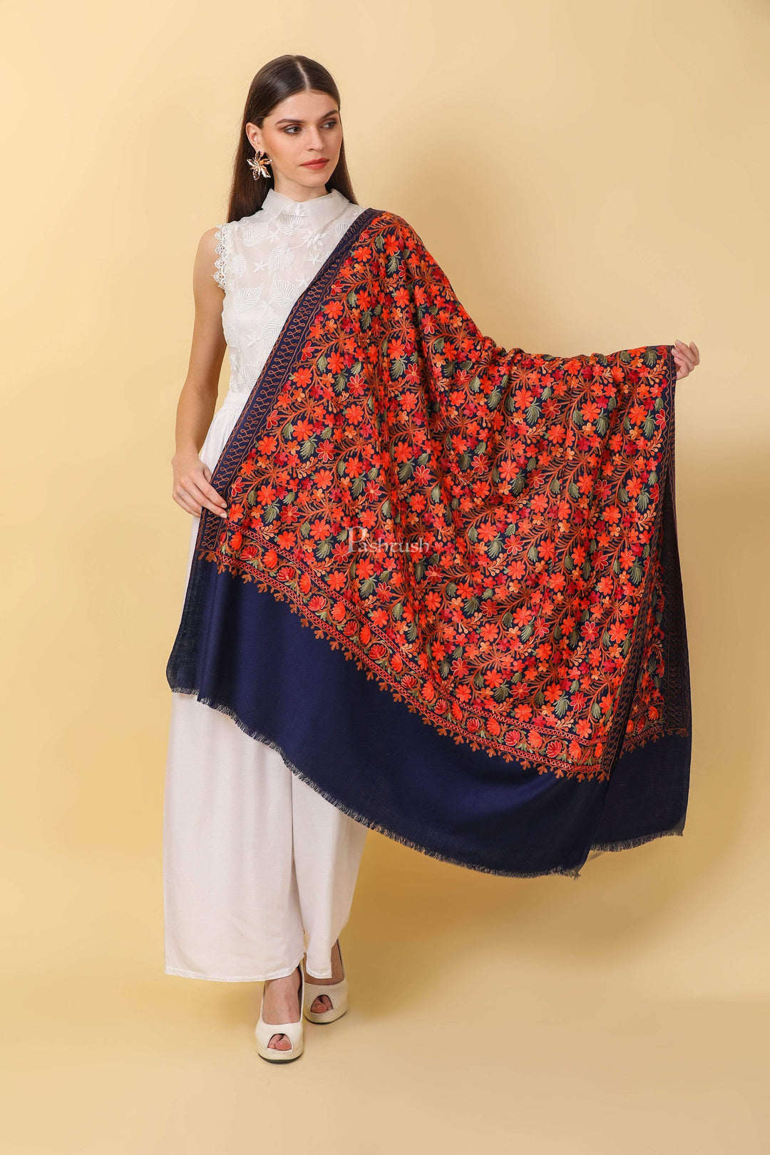 Pashtush India 100x200 Pashtush Womens Shawl, Aari Embroidery, Navy Blue