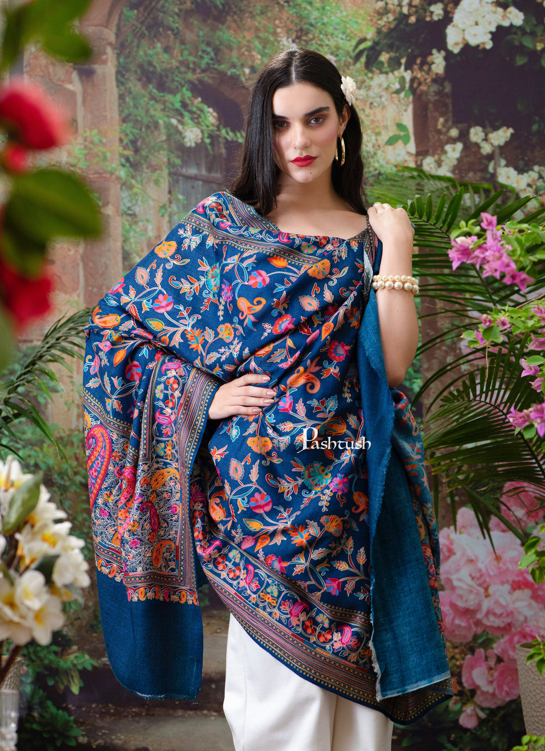 Pashtush India Womens Shawls Pashtush Womens Shawl, Fine Wool, Hand Embroidery, Kalamkari Design, Blue, Soft and Warm