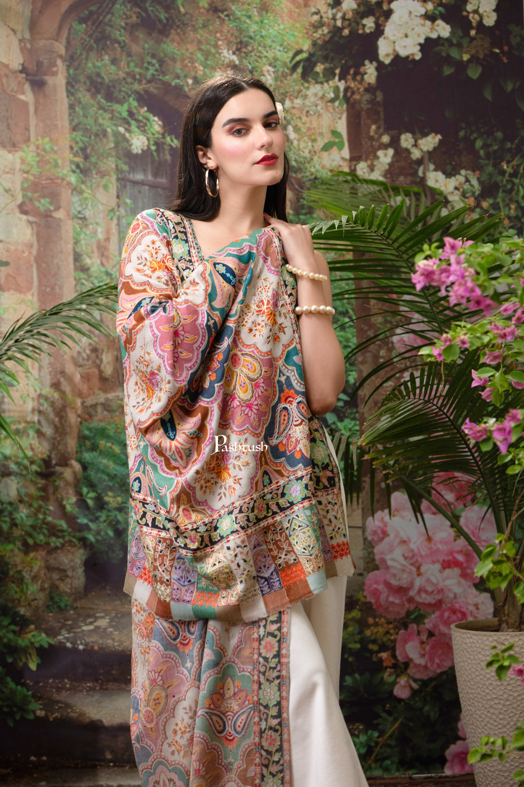 Pashtush India Womens Shawls Pashtush Womens Shawl, Fine Wool, Hand Embroidery, Kalamkari Design, Multicolour, Soft and Warm