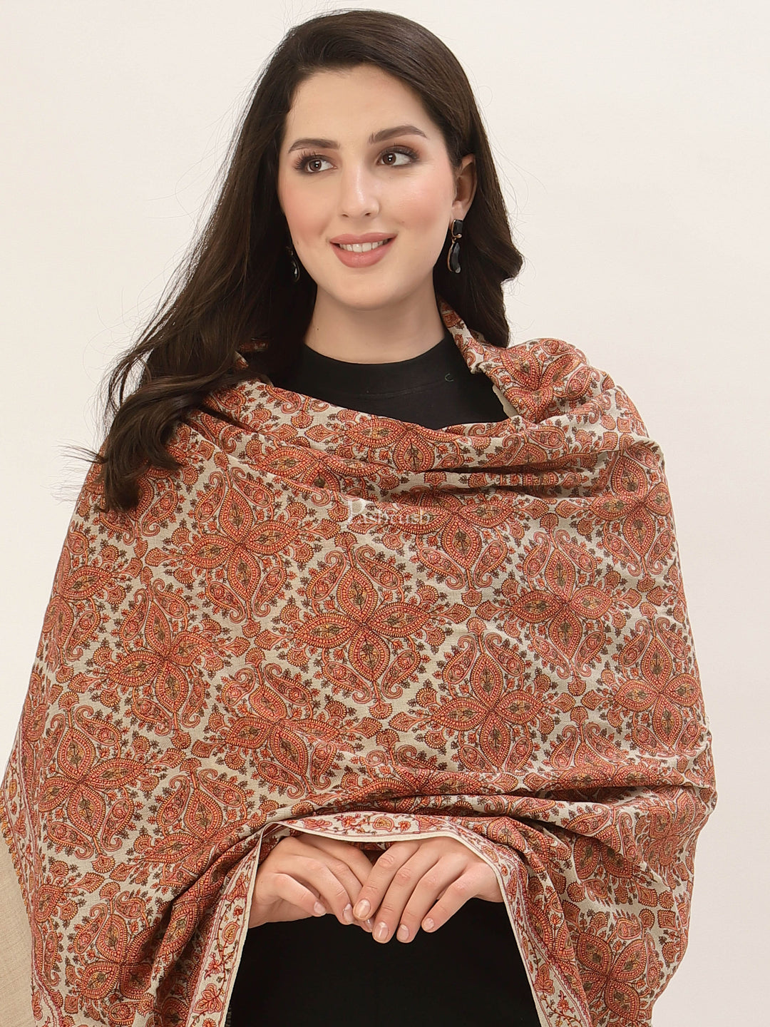 Pashtush India Womens Shawls Pashtush Womens Shawl, Fine Wool, Needlework Jaal, Papier Mache Embroidery, Beige
