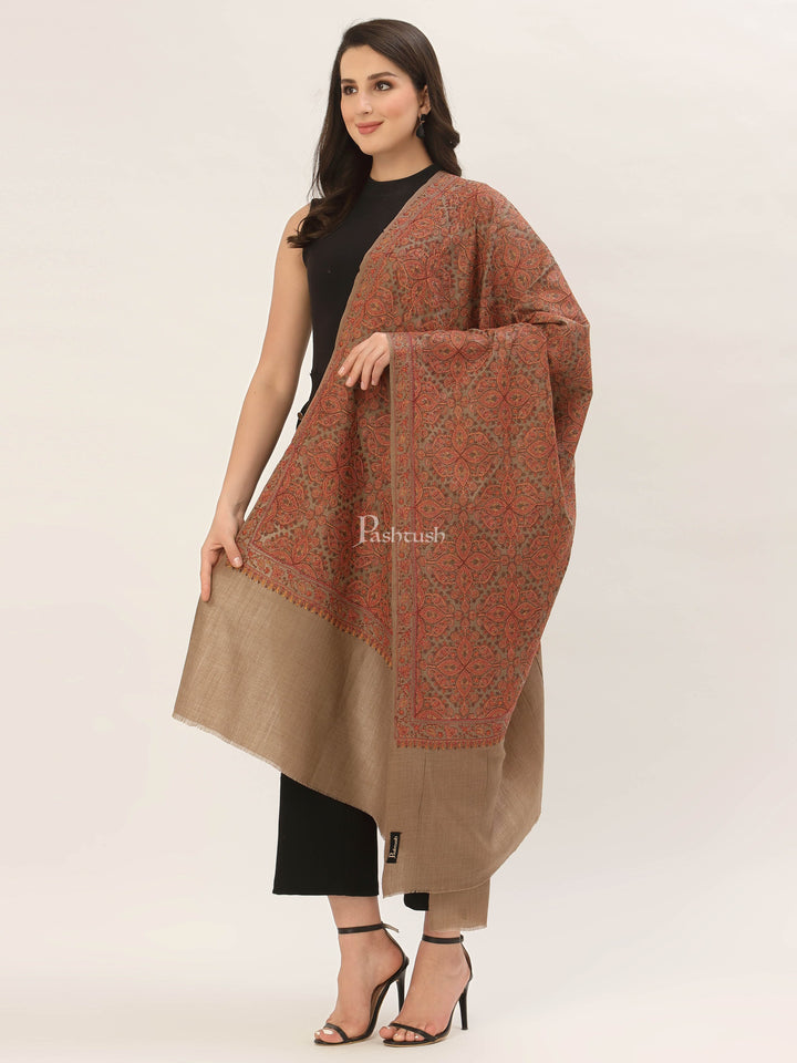 Pashtush India Womens Shawls Pashtush Womens Shawl, Fine Wool, Needlework Jaal, Papier Mache Embroidery, taupe