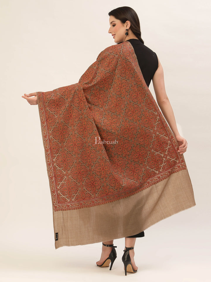 Pashtush India Womens Shawls Pashtush Womens Shawl, Fine Wool, Needlework Jaal, Papier Mache Embroidery, taupe