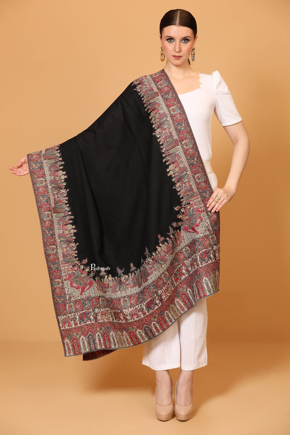 Pashtush India Womens Shawls Pashtush Womens Shawl, Fine Wool, Soft and Warm, Woven Darbar Design, Black