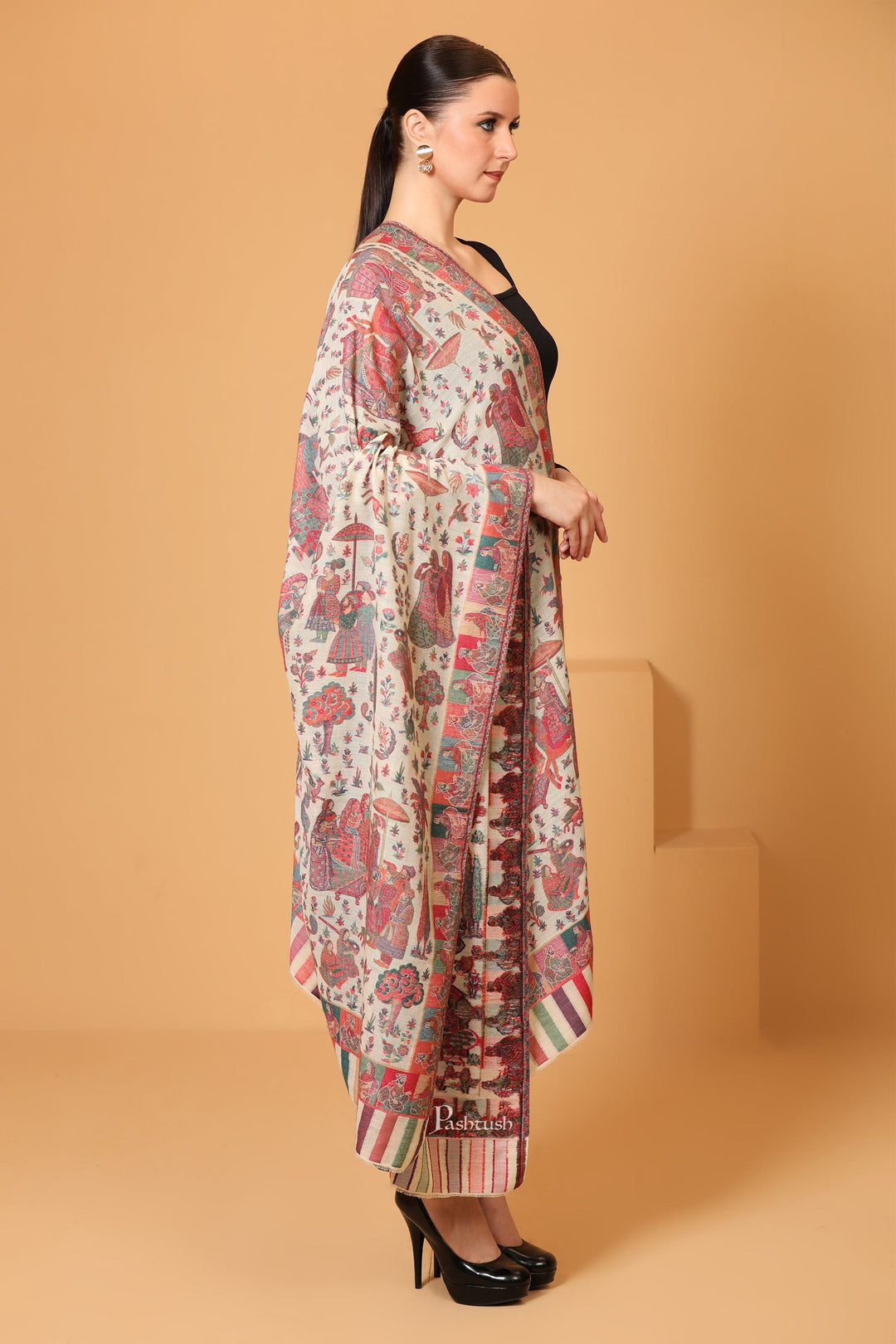Pashtush India Womens Shawls Pashtush Womens Shawl, Fine Wool, Soft and Warm, Woven Darbar Design, Light Beige