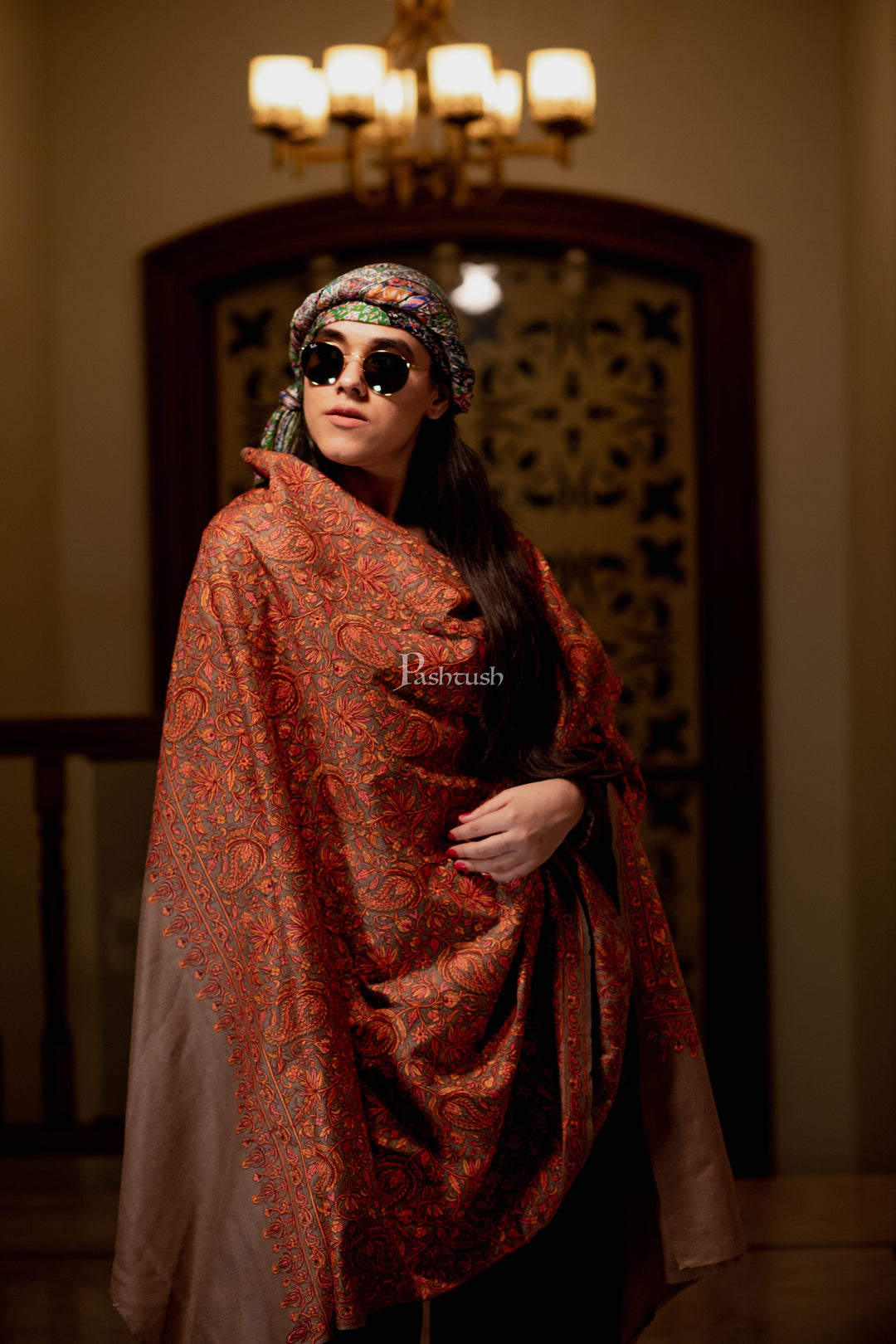 Pashtush India Womens Shawls Pashtush Womens Shawl, Fine Wool Stitch Embroidery, Taupe