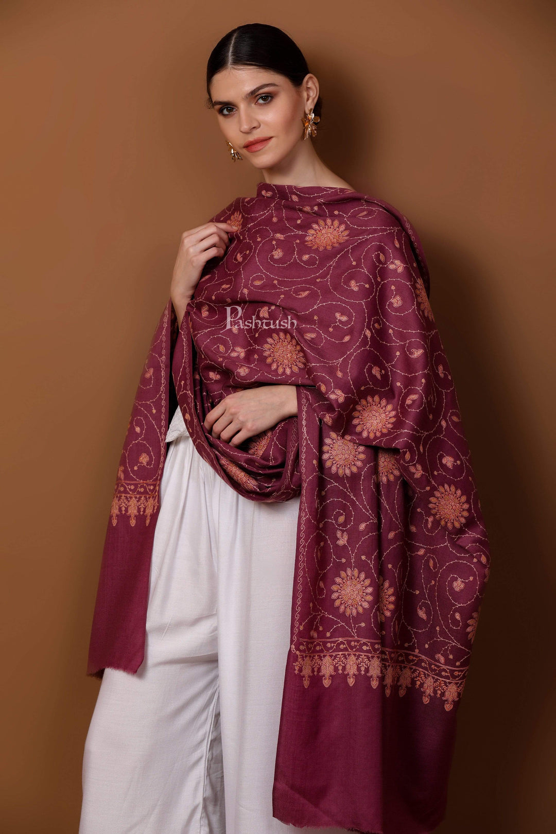 Pashtush India 100x200 Pashtush Womens Shawl, Tone on Tone Embroidery, Soft, Light and Warm, Peel Lilac