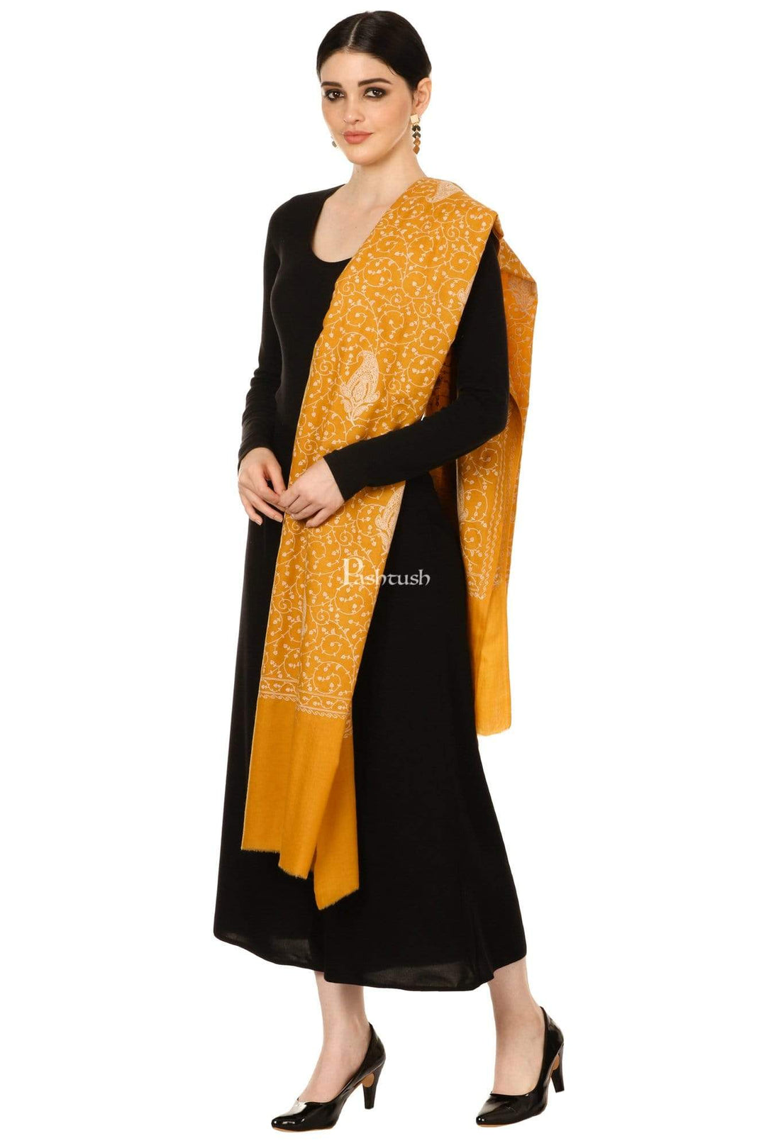 Pashtush Shawl Store Shawl Pashtush Womens Shawl, Tone on Tone Embroidery, Soft, Warm, Light Weight, Kashmiri Mustard