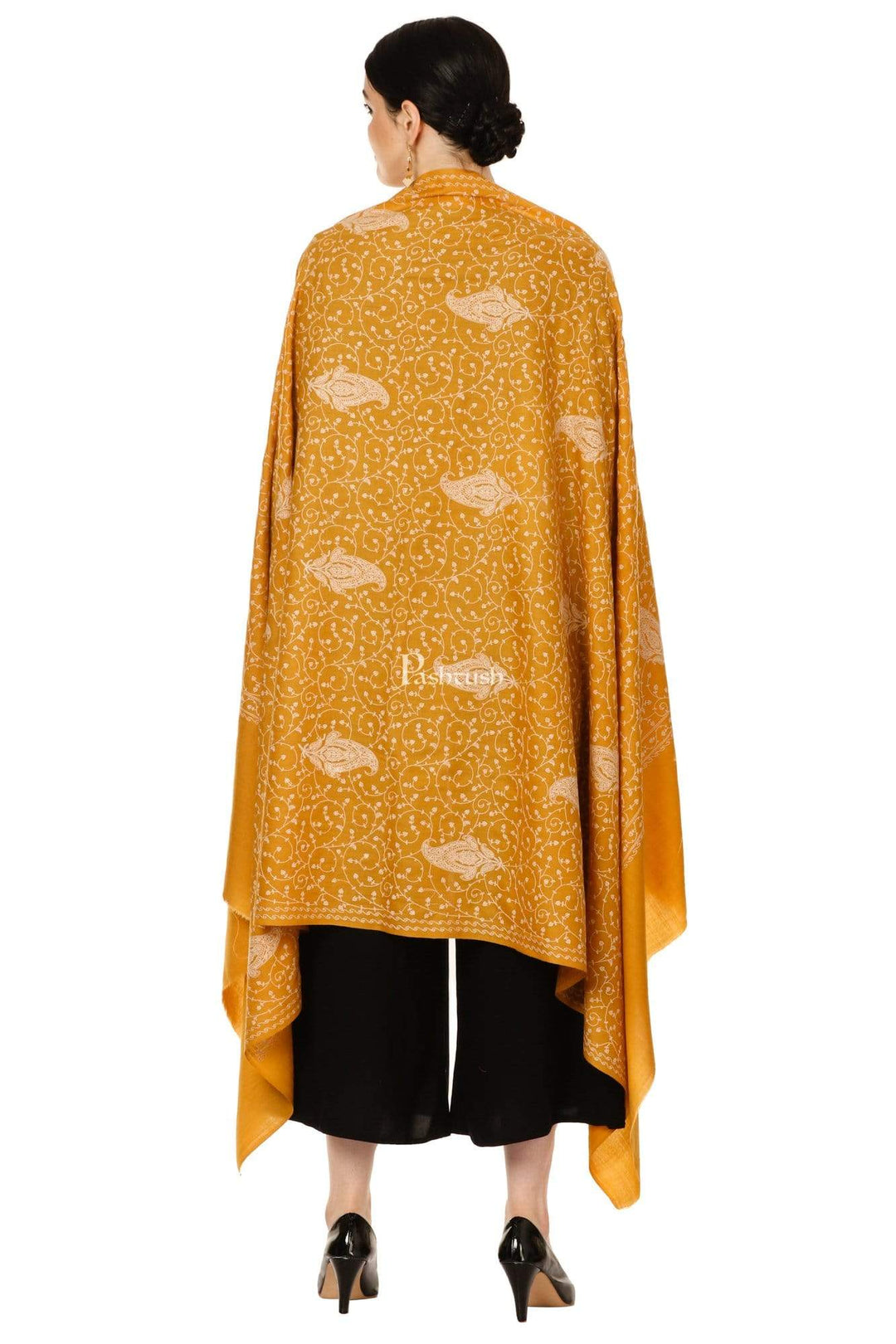 Pashtush Shawl Store Shawl Pashtush Womens Shawl, Tone on Tone Embroidery, Soft, Warm, Light Weight, Kashmiri Mustard