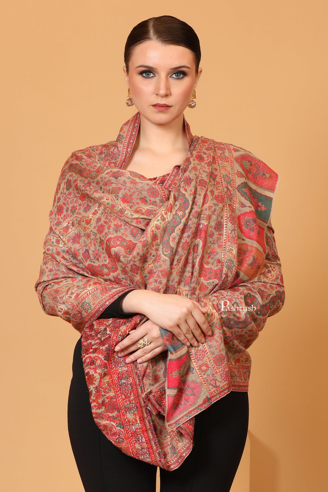 Pashtush India Womens Shawls Pashtush Womens Shawl, Twilight Collection, Metallic Ethnic Weave Design, Pastel Beige