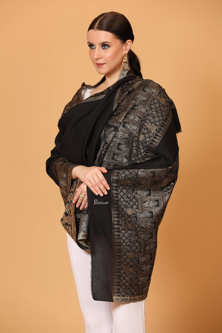 Pashtush India Womens Shawls Pashtush Womens Shawl, Twilight Collection, Royal Shamyana, Metallic Weave Design, Black