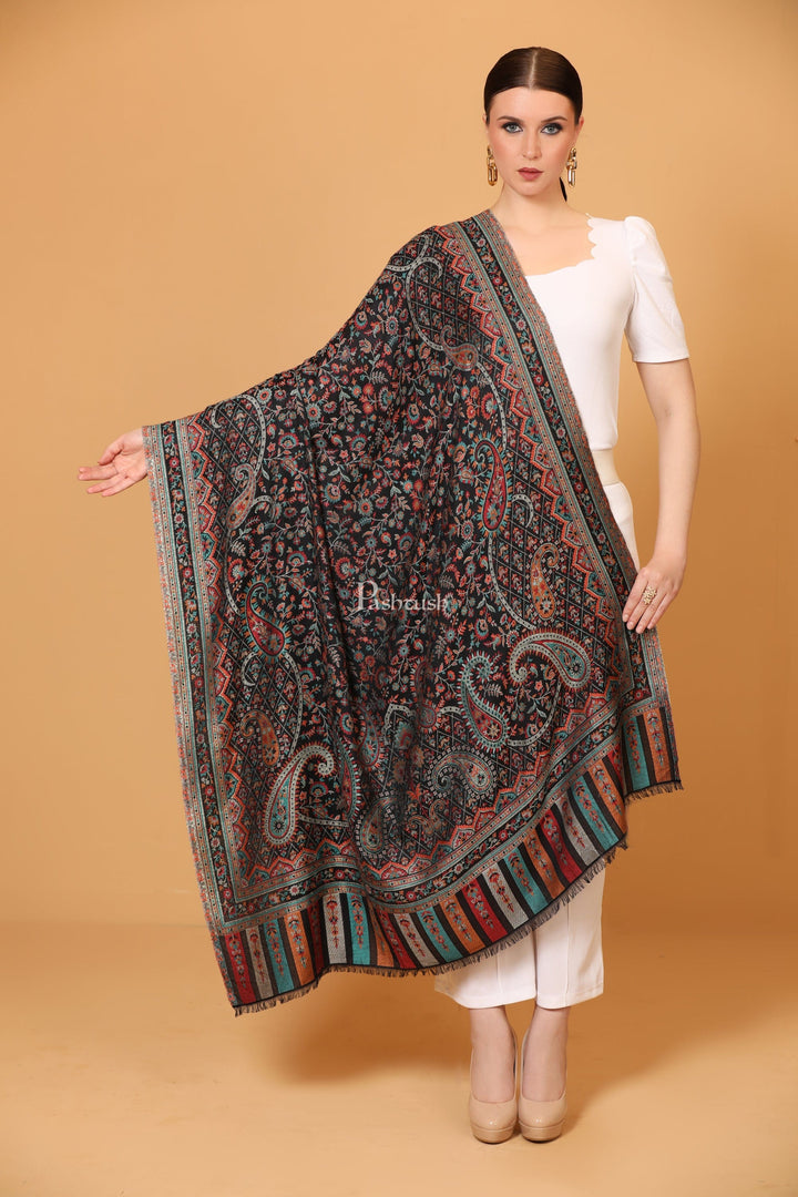 Pashtush India Womens Shawls Pashtush Womens Shawl, With Antique Paisley Weave, Woven Design, Faux Pashmina, Black