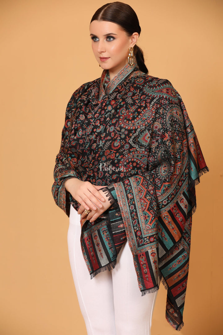 Pashtush India Womens Shawls Pashtush Womens Shawl, With Antique Paisley Weave, Woven Design, Faux Pashmina, Black