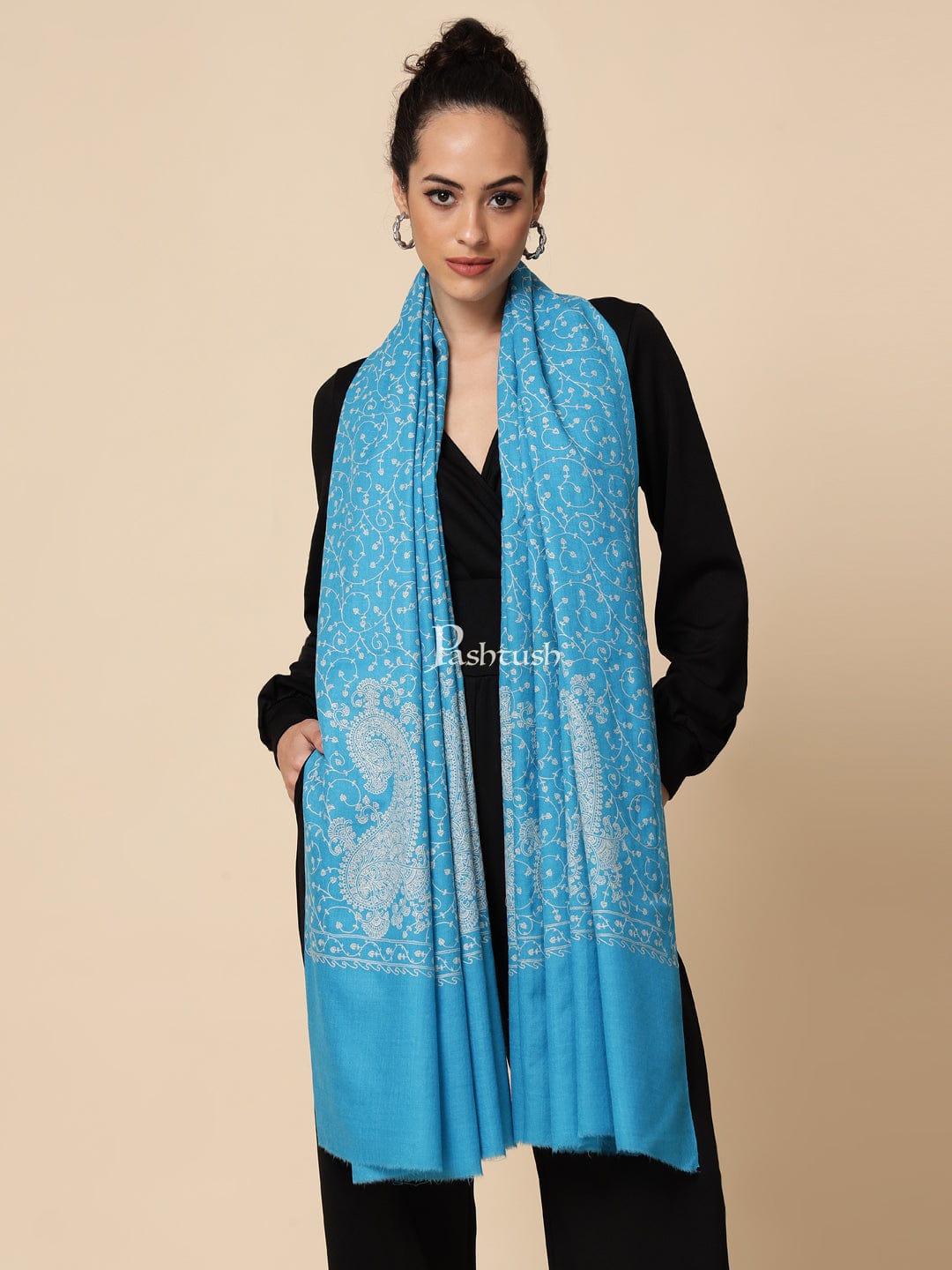 Pashtush India Womens Shawls Pashtush Womens Shawl With Tone On Tone Embroidery, Soft And Warm, Light Weight, Aqua Blue