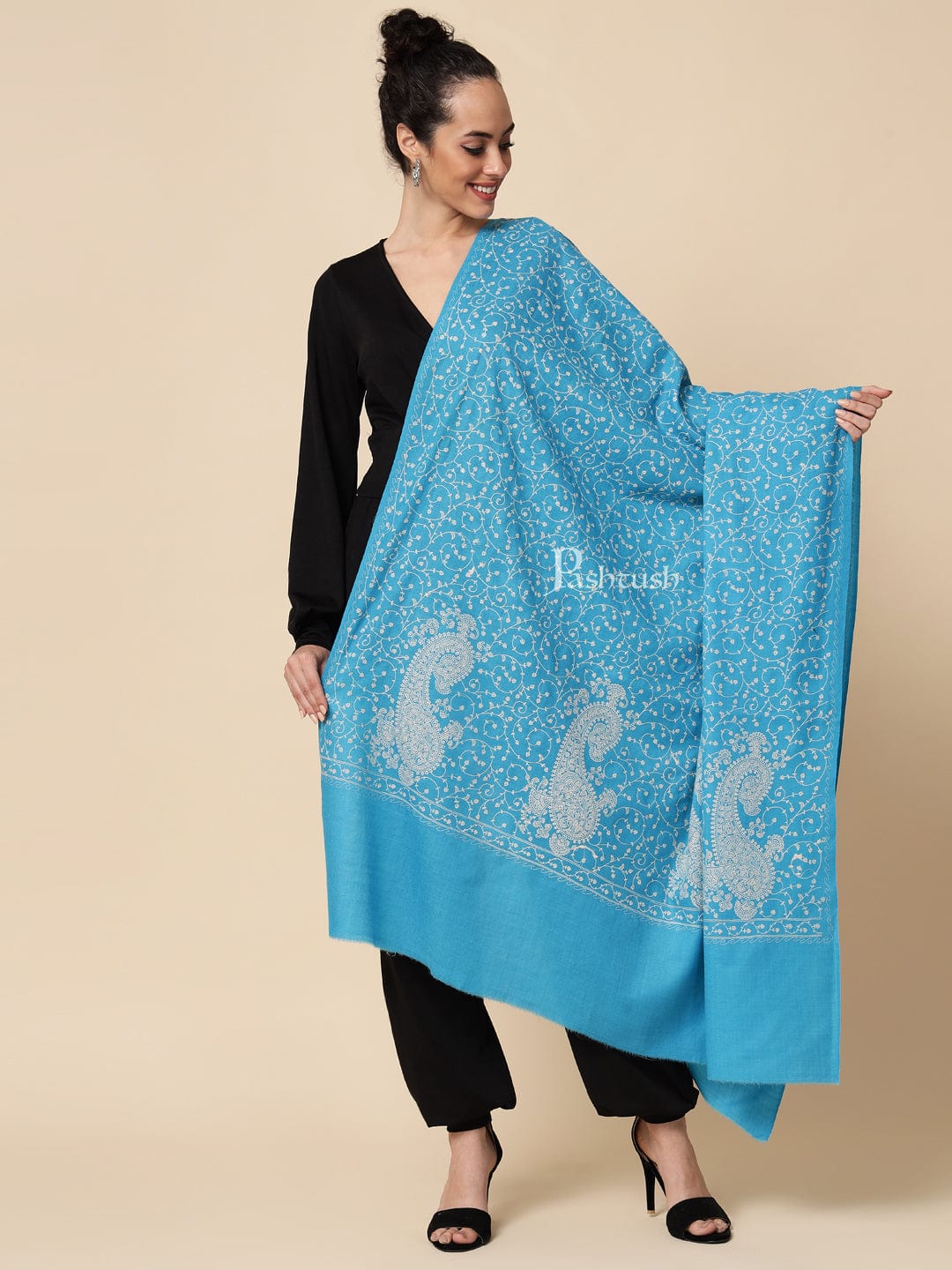 Pashtush India Womens Shawls Pashtush Womens Shawl With Tone On Tone Embroidery, Soft And Warm, Light Weight, Aqua Blue