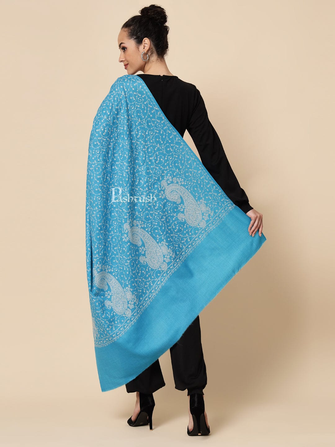 Pashtush India Womens Shawls Pashtush Womens Shawl With Tone On Tone Embroidery, Soft And Warm, Light Weight, Aqua Blue