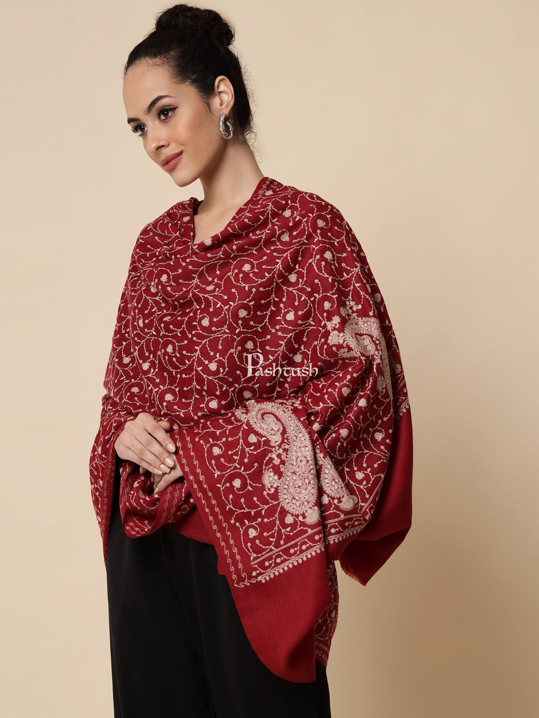 Pashtush India Womens Shawls Pashtush Womens Shawl With Tone On Tone Embroidery, Soft And Warm, Light Weight, Maroon