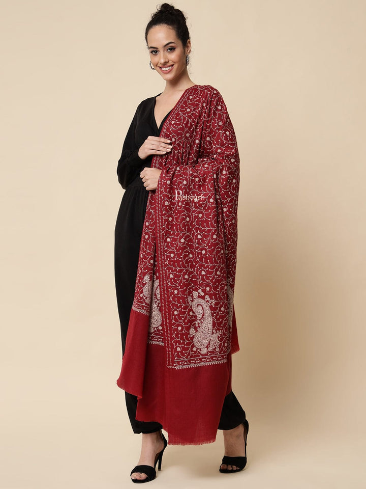 Pashtush India Womens Shawls Pashtush Womens Shawl With Tone On Tone Embroidery, Soft And Warm, Light Weight, Maroon