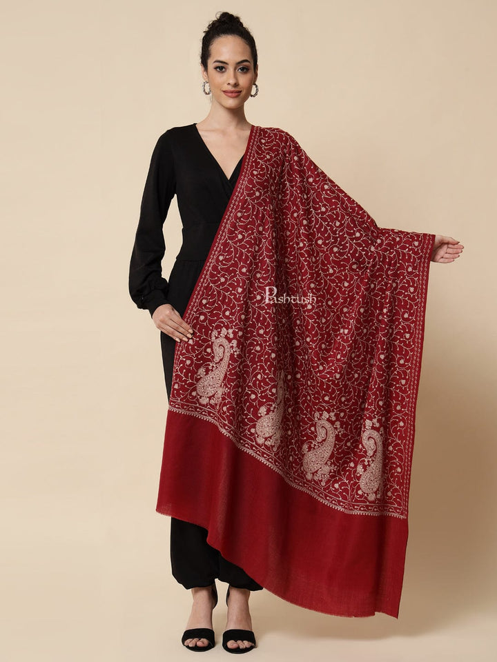 Pashtush India Womens Shawls Pashtush Womens Shawl With Tone On Tone Embroidery, Soft And Warm, Light Weight, Maroon