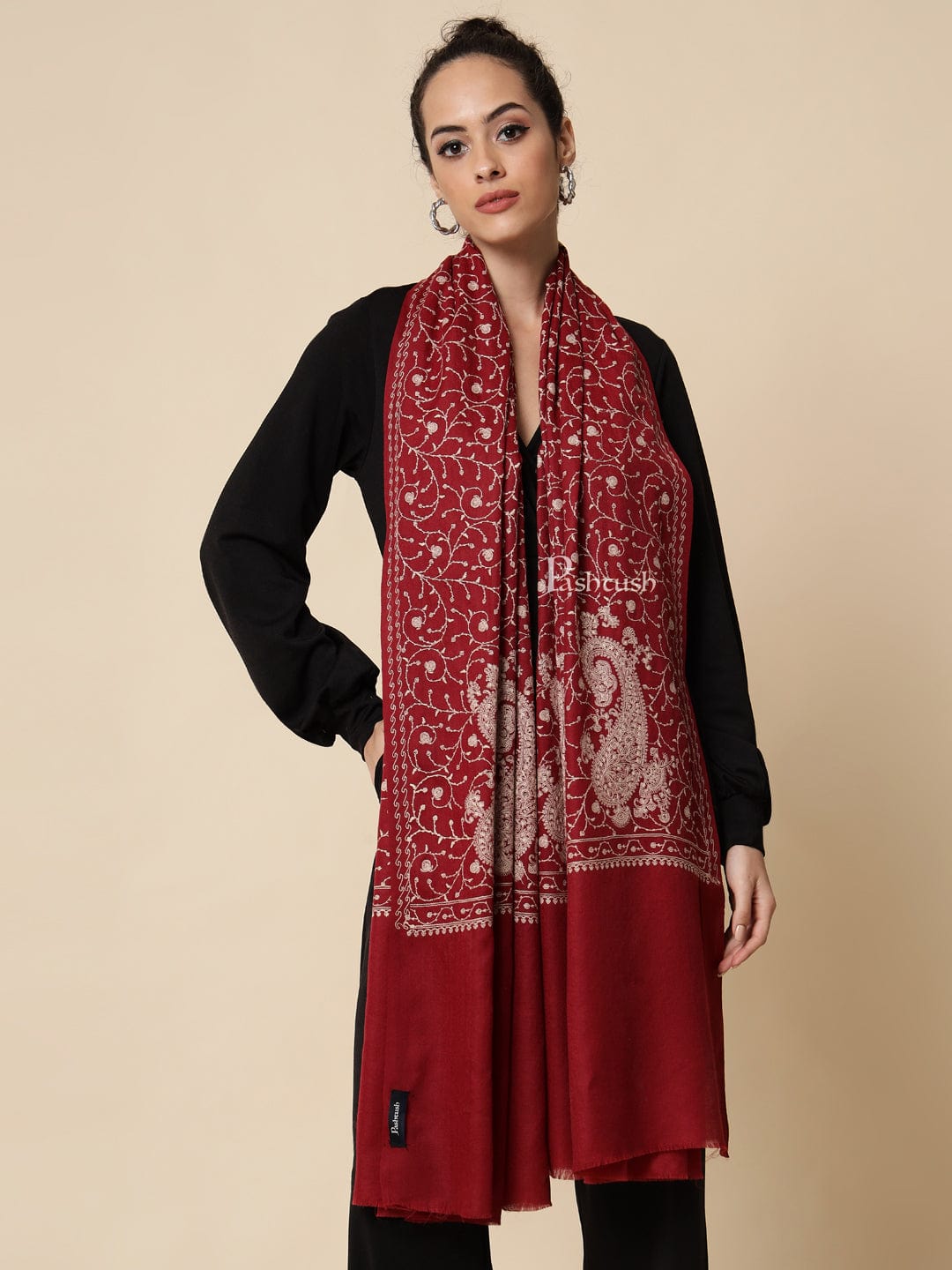 Pashtush India Womens Shawls Pashtush Womens Shawl With Tone On Tone Embroidery, Soft And Warm, Light Weight, Maroon