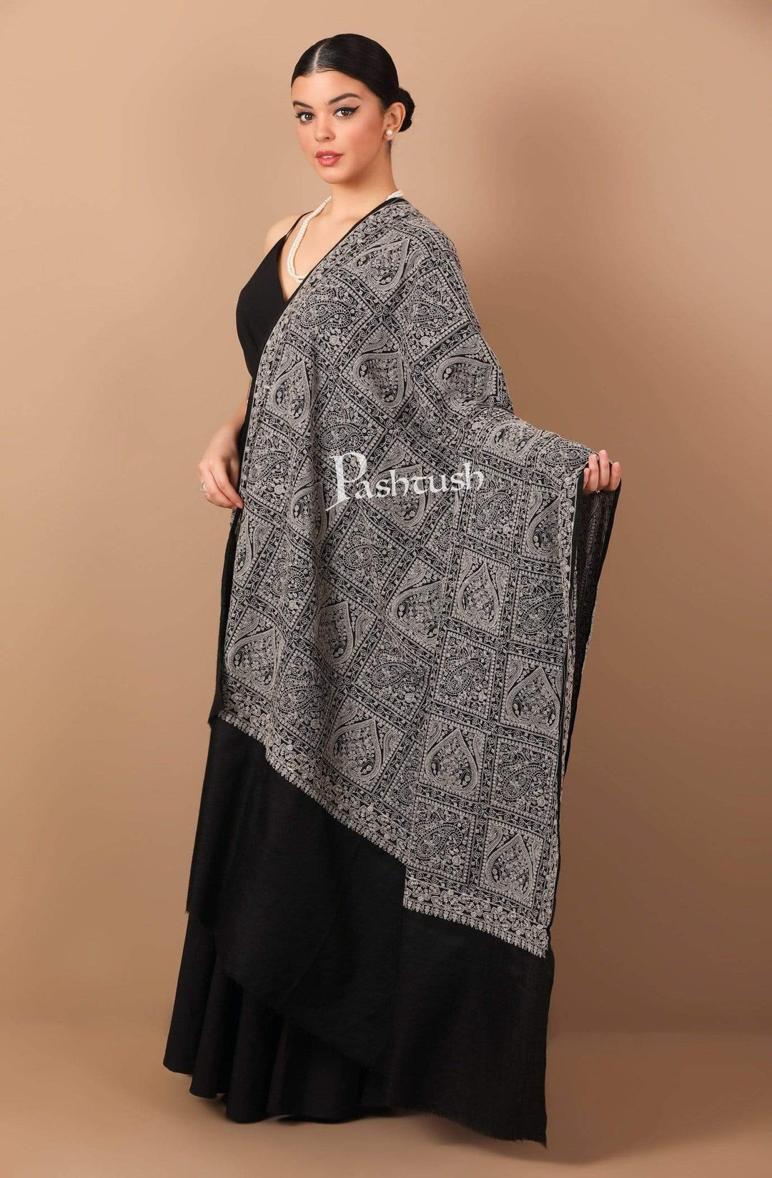 Pashtush India Shawl Pashtush Womens Shawl with Tone on Tone Embroidery, Soft and Warm, Rich Black