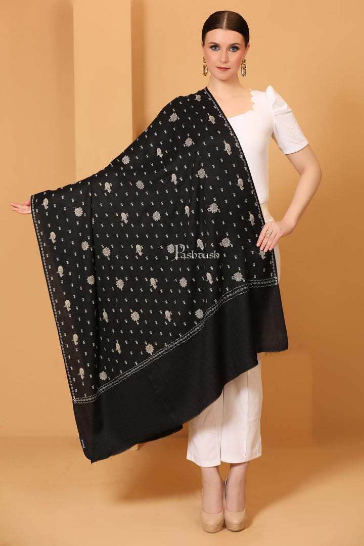 Pashtush India Womens Shawls Pashtush Womens Shawl With Tone On Tone Embroidery, Soft, Warm, Light Weight, Black