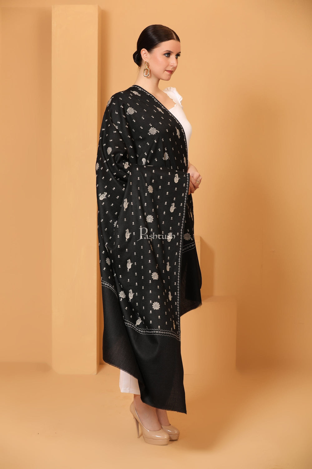 Pashtush India Womens Shawls Pashtush Womens Shawl With Tone On Tone Embroidery, Soft, Warm, Light Weight, Black