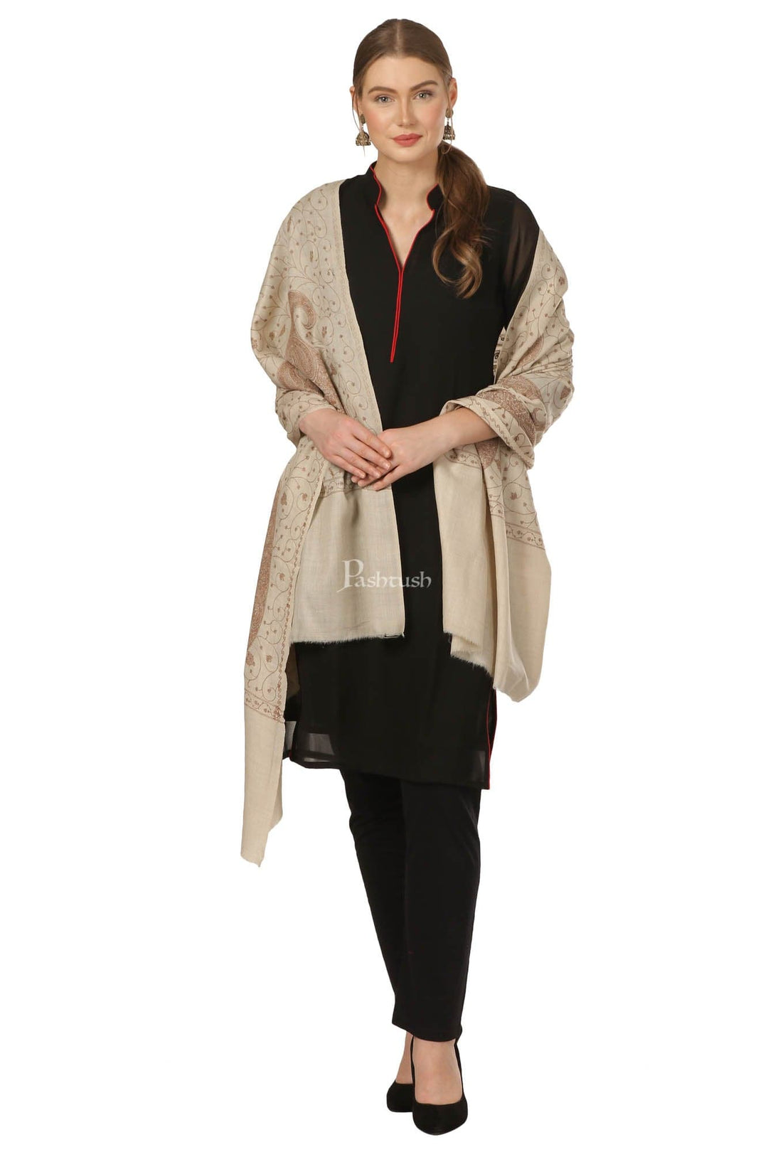 Pashtush India Womens Shawls Pashtush Womens Shawl With Tone On Tone Embroidery, Soft Warm, Light Weight Wool