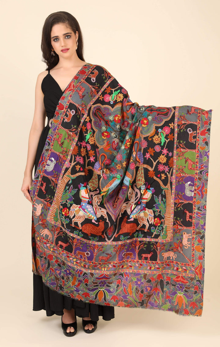 Pashtush India 114x228 Pashtush Womens Shikaar-Dar Hand Embroidered, Shawl In Fine Wool