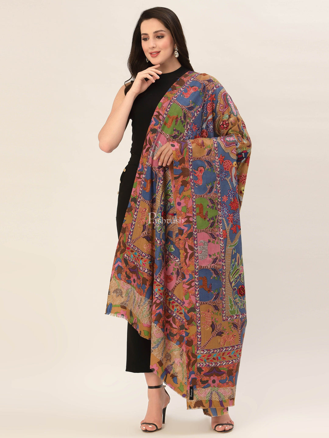 Pashtush India Mens Shawls Gents Shawl Pashtush Womens Shikaar-Dar Hand Embroidered, Shawl In Fine Wool