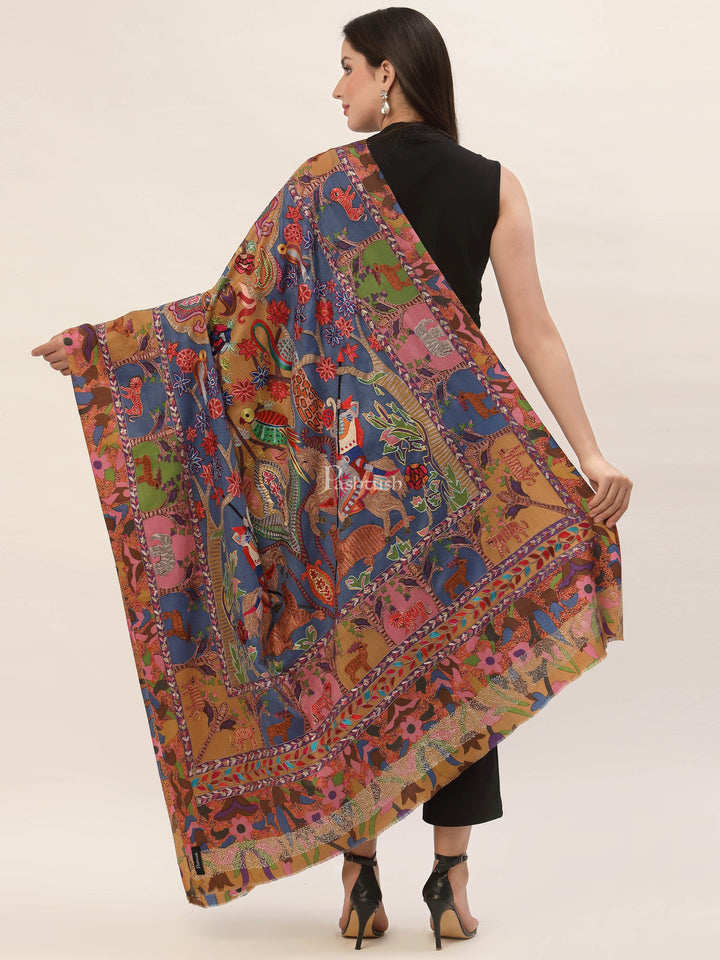 Pashtush India Mens Shawls Gents Shawl Pashtush Womens Shikaar-Dar Hand Embroidered, Shawl In Fine Wool