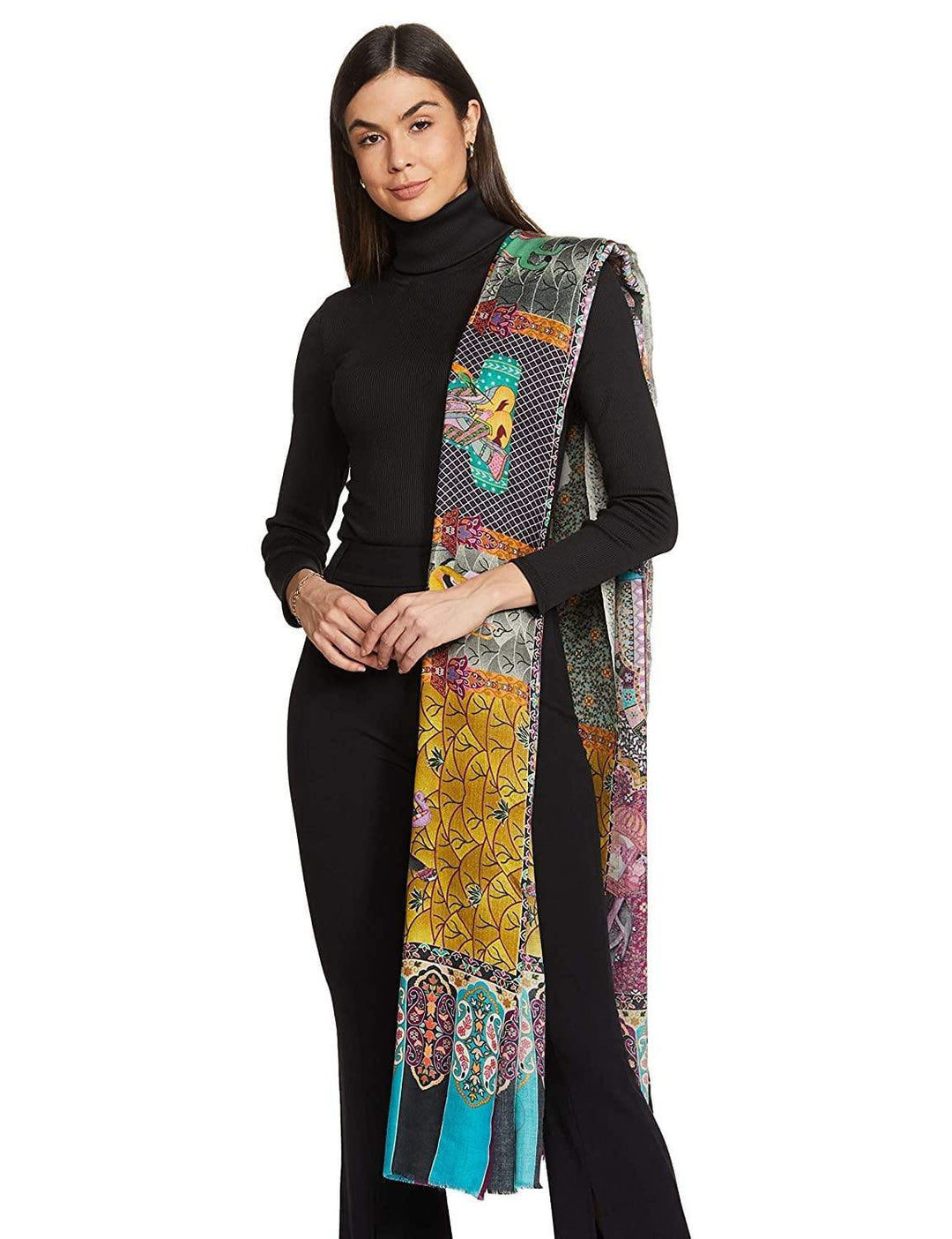 Pashtush India 100x200 PASHTUSH WOMENS SHIKAAR-DAR SHAWL, LIGHT WEIGHT WOOL, 100% PURE WOOL SHAWL