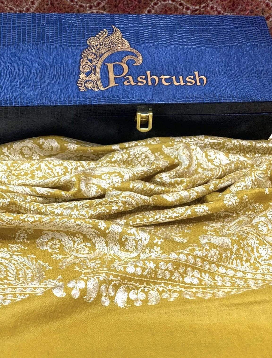 Pashtush Store Stole Pashtush Womens Silk-Pashmina Fine Wool, Nalki Embroidery, Kashmiri Mustard