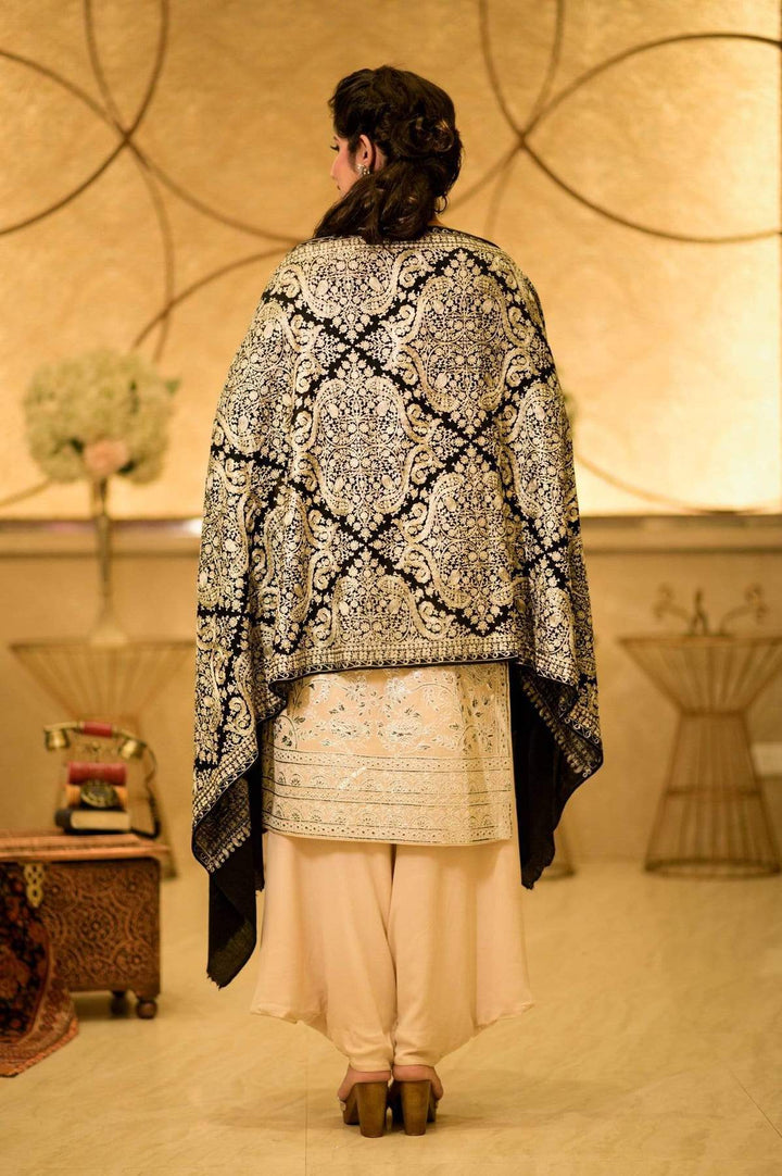 Pashtush India 70x200 Pashtush Womens Silk-Pashmina Fine Wool, Nalki Embroidery Needlework Stole, Black