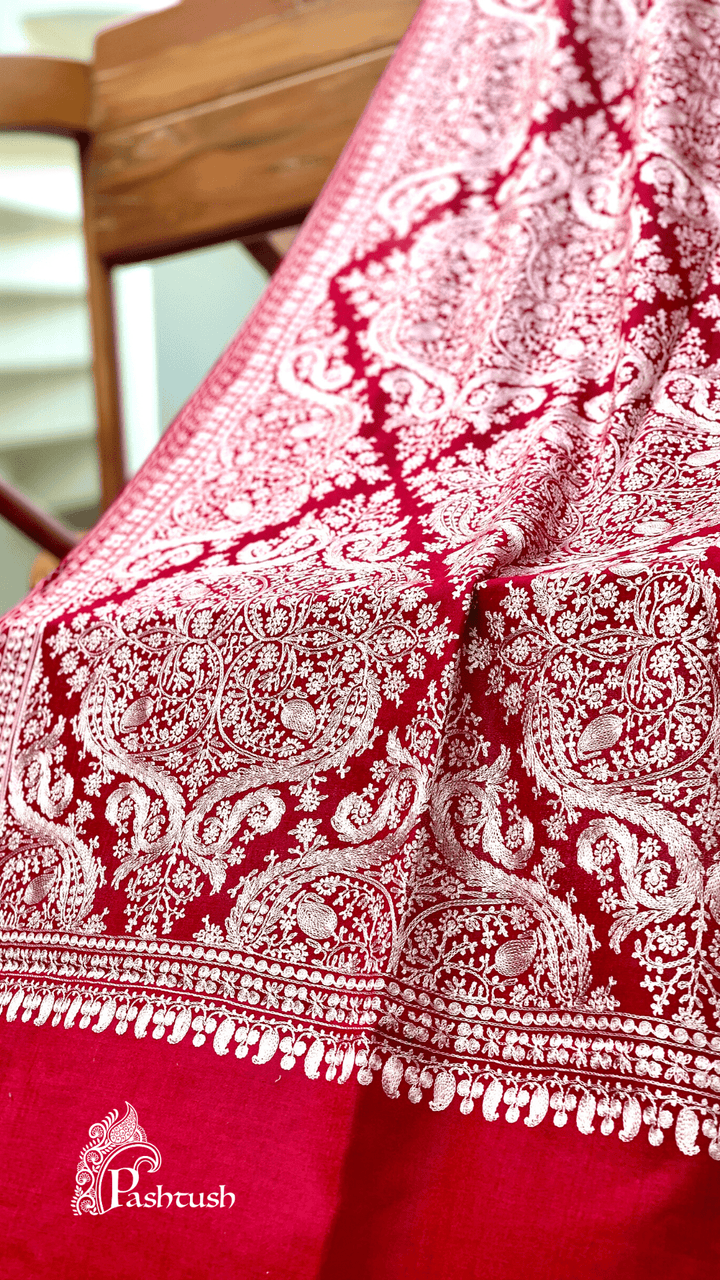 Pashtush Store Stole Pashtush Womens Silk-Pashmina Fine Wool, Nalki Embroidery Needlework Stole (28x80 inches) Crimson