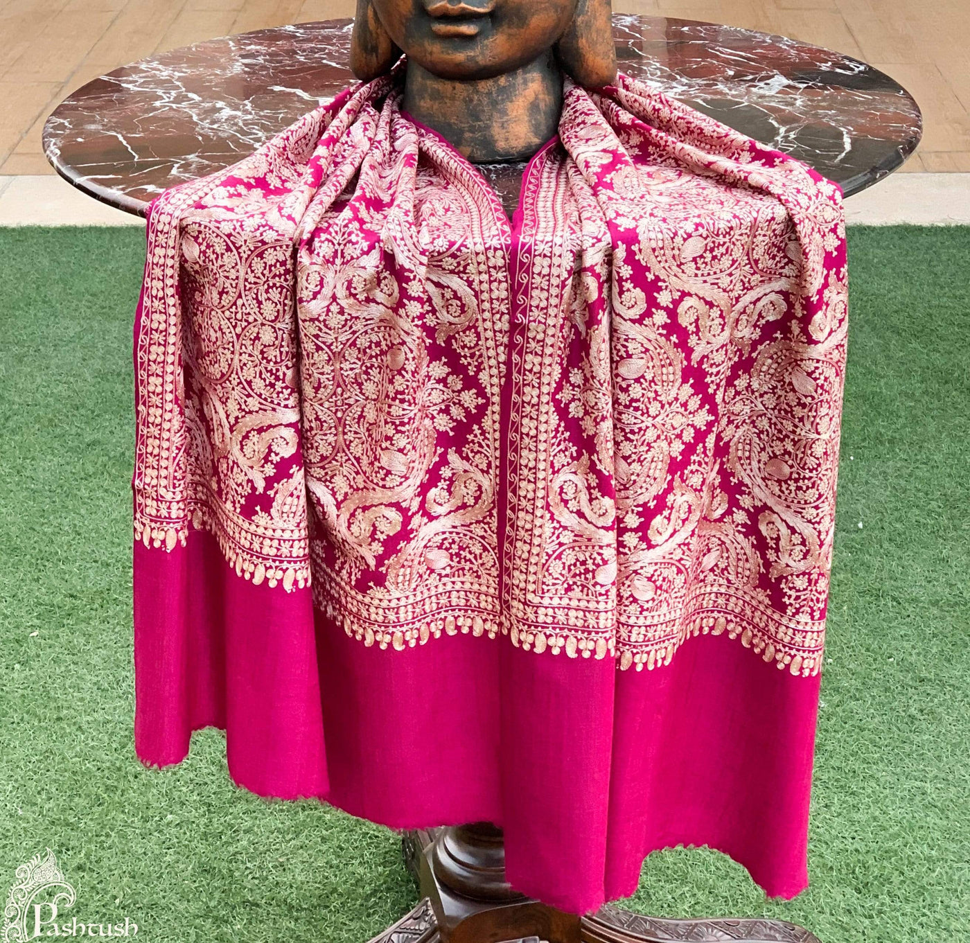 Pashtush Store Stole Pashtush Womens Silk-Pashmina Fine Wool, Nalki Embroidery Needlework Stole (28x80 inches) Deep Pink