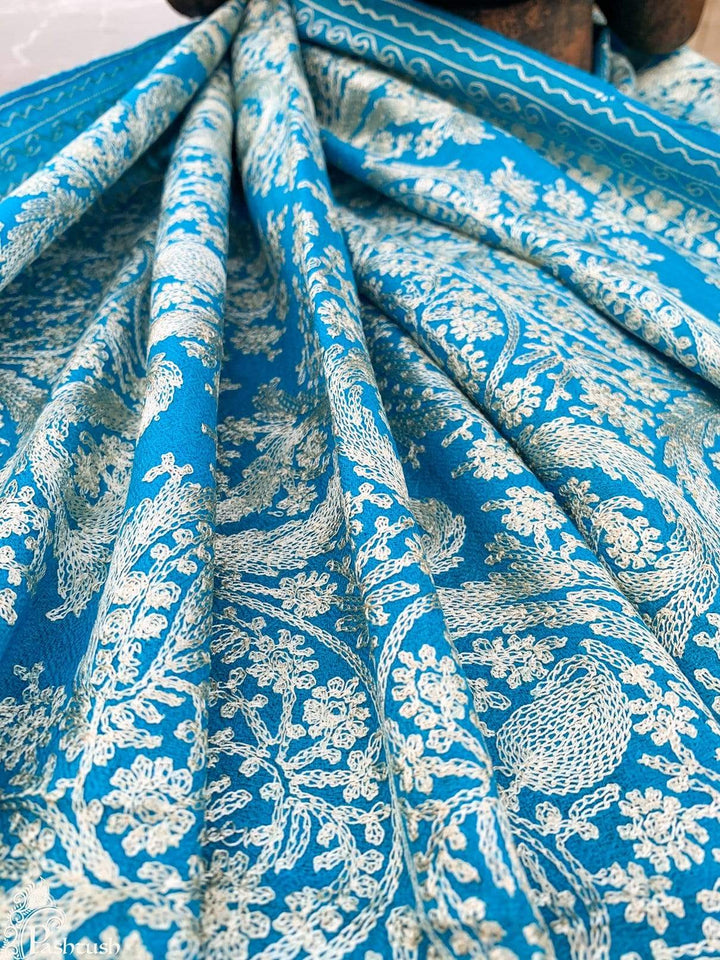 Pashtush Store Stole Pashtush Womens Silk-Pashmina Fine Wool, Nalki Embroidery Needlework Stole (28x80 inches) Aqua