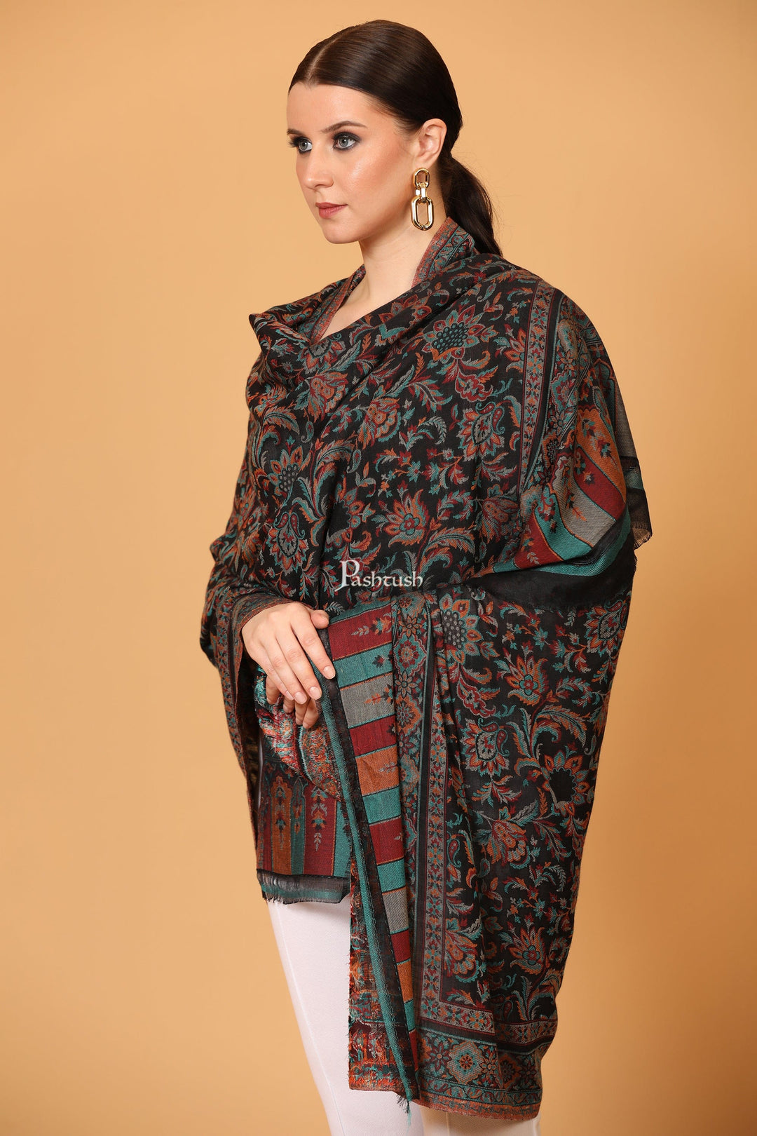 Pashtush India Womens Shawls Pashtush Womens Soft Bamboo Shawl, With Woven Ethnic Paisley Weave, Black