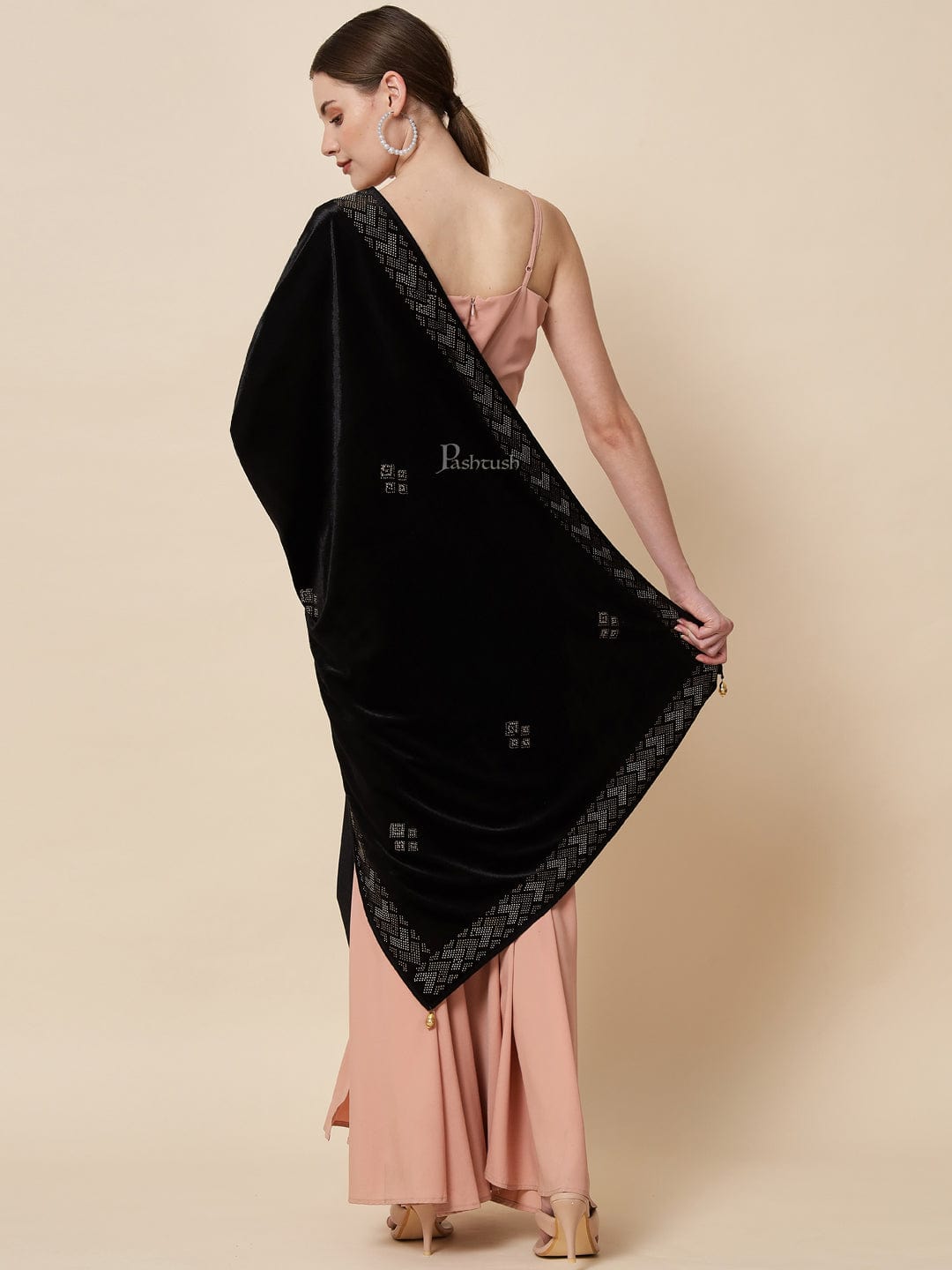 Pashtush India Womens Stoles and Scarves Scarf Pashtush Womens Soft Velvet Stole, Embellished With Shimmery Crystal Work, Black