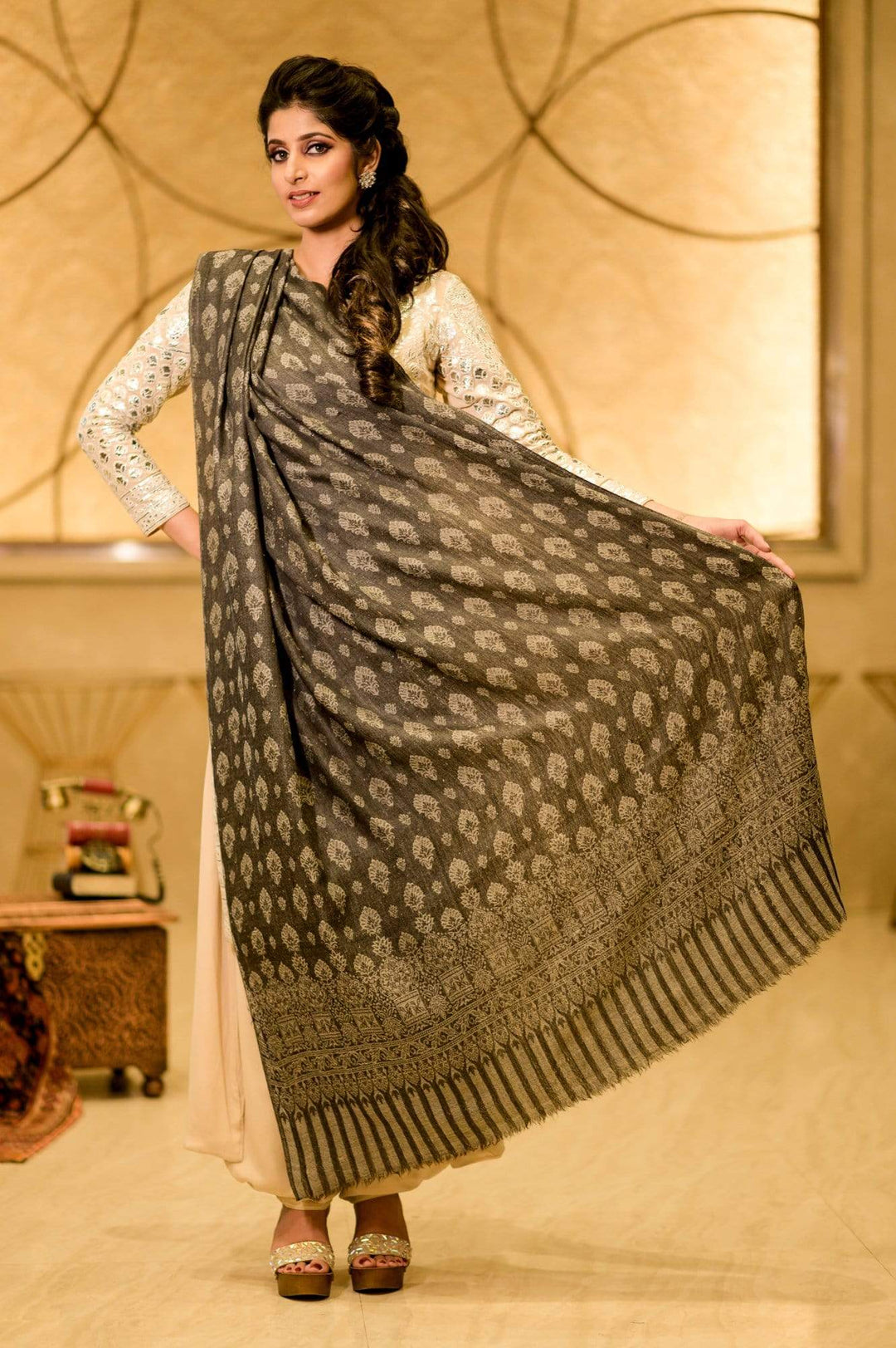 Pashtush Womens Soft Wool Shawl, Jacquard Design, Faux Pashmina Shawl, Black
