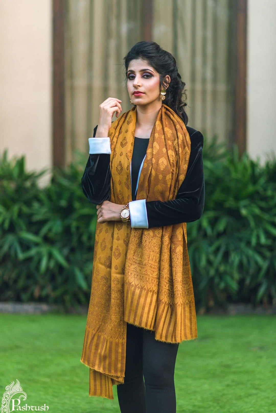 Pashtush Store Shawl Pashtush Womens Soft Wool Shawl, Jacquard design, Mustard Shawl